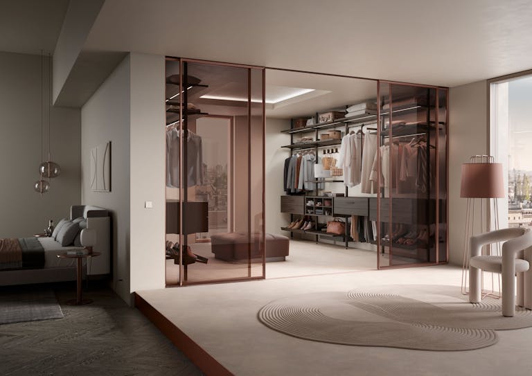modern walk-in wardrobe with glass doors